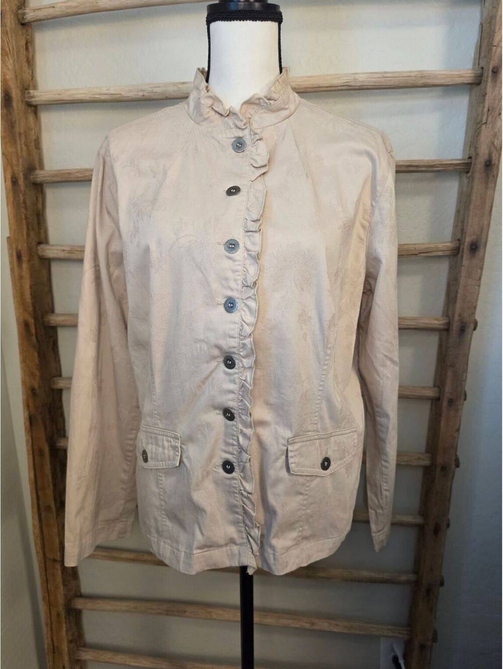 Women's Beige Button-Up Jacket with Floral Jacquard and Ruffle Trim
